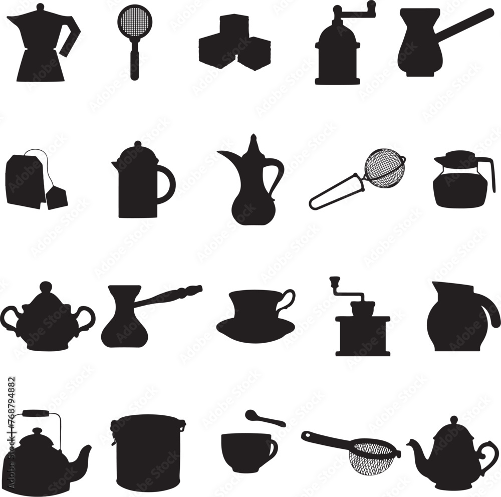 Vector illustration of a collection of kitchen utensils and objects in a silhouette Vector illustration of a collection of kitchen utensils and objects in a silhouette