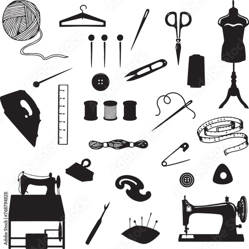 Vector illustration of sewing tools, sewing supplies silhouetted against white background