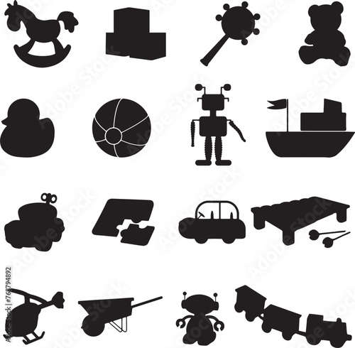 Vector illustration of childhood toys silhouetted against a white backdrop