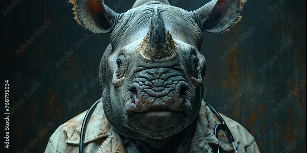 Imaginative Doctor Rhino Portrait Rendered in Artistic Detail Banner