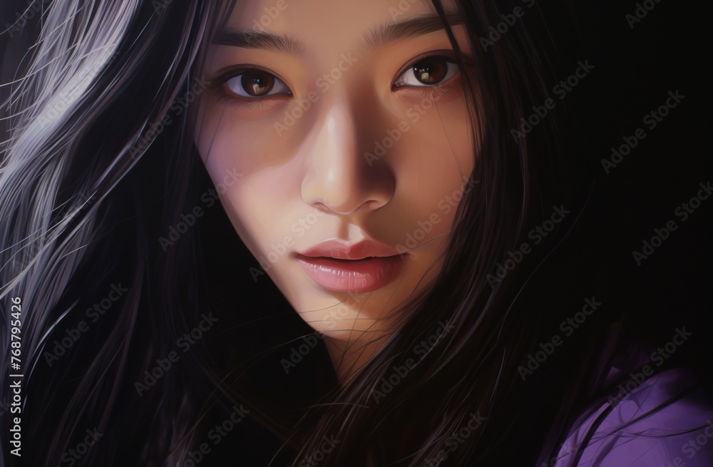 a close-up animated drawing of a young, beautiful Asian woman, her captivating features and allure captured in a headshot portrait. a close-up animated drawing of a young, beautiful Asian woman, her captivating features and allure captured in a headshot portrait.
