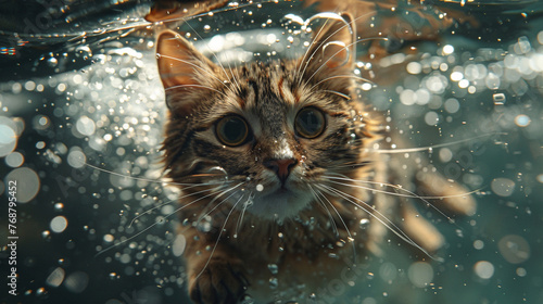 Cat in a glass aquarium with water drops