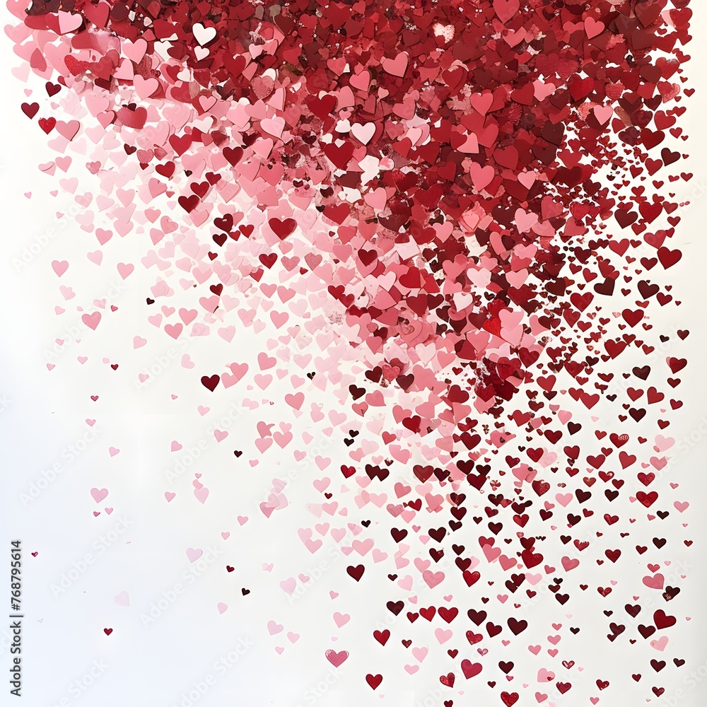 Cascading confetti hearts in shades of red and pink floating downward.