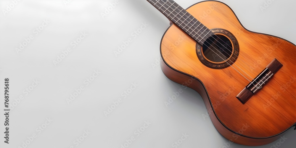 a classic acoustic guitar resting on a plain white background showcasing the instrument's elegant wooden design a classic acoustic guitar resting on a plain white background showcasing the instrument's elegant wooden design