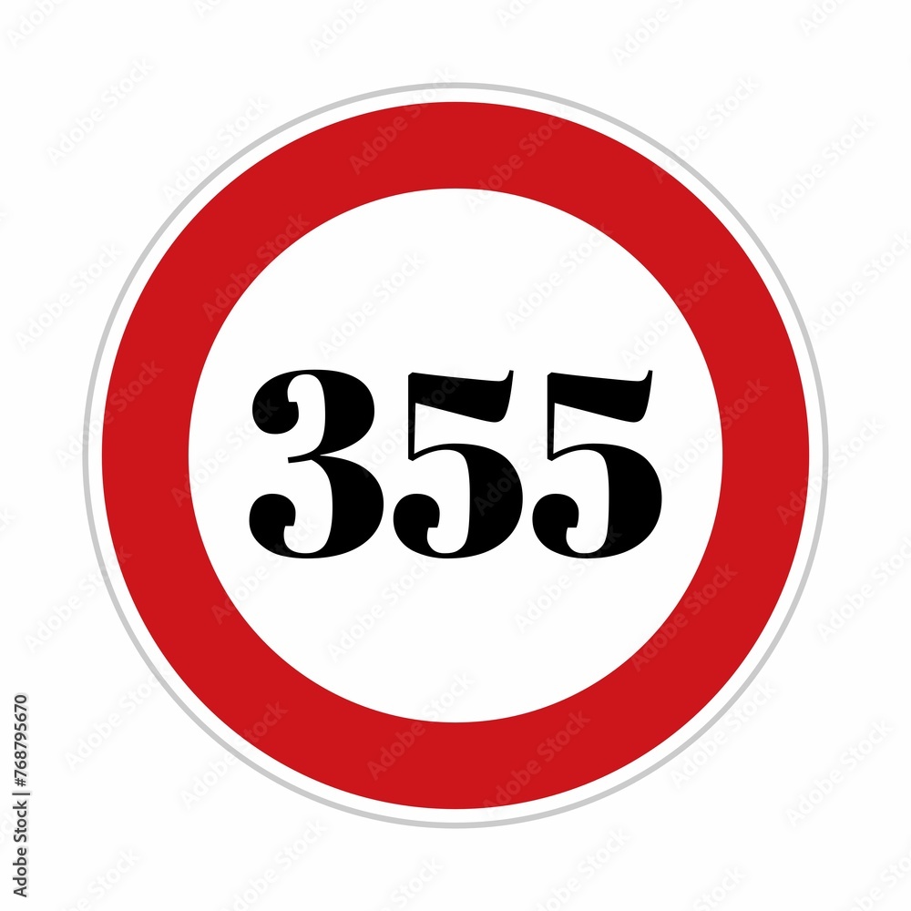 355 kmph or mph speed limit sign icon. Road side speed indicator safety element. Three hundred and fifty five speed sign flat isolated on white background 355 kmph or mph speed limit sign icon. Road side speed indicator safety element. Three hundred and fifty five speed sign flat isolated on white background