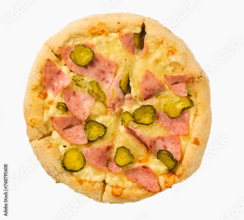 Pizza baked pizza with ham and pickle fresh isolated on white background with clipping path blank for design. Top view. photo