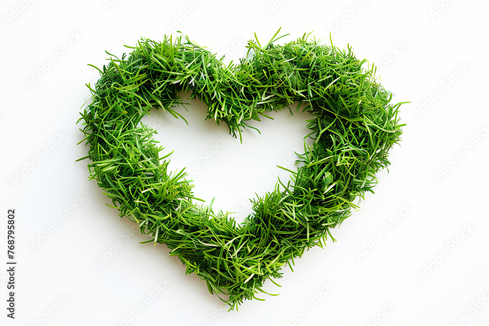 A love shape symbol with grass texture on a white background