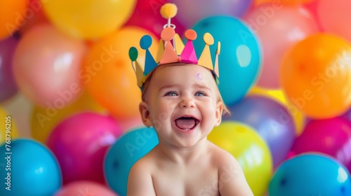 Laughing baby celebrating with a vibrant handmade crown, surrounded by a kaleidoscope of colorful balloons, embodying joy and festivity.