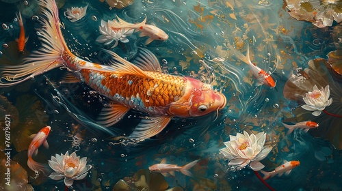 Generate fluid images featuring goldfish, Chinese costumes, koi fish, lotus, surrealism, hyper-detailed elements, and dreamy colors