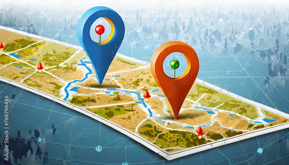 Fototapeta premium Two Pins on a Detailed Navigation Map