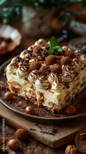 Tiramisu cake with chocolate and nuts on a wooden background