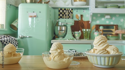 Retro kitchen with mint green appliances  serving soft serve ice cream in glass bowls  polka dot apron