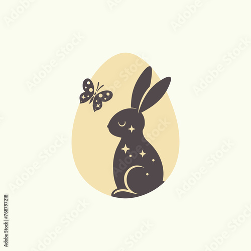 Zajączek wielkanocny. Królik, motyl i jajko. Wielkanocna ilustracja w prostym stylu na kartki świąteczne, banery, życzenia i do innych projektów. © Monika