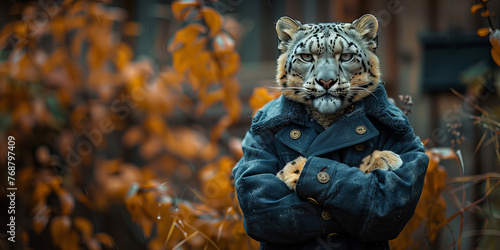 Stylish Snow Leopard in Cozy Jacket Autumn Mood Banner