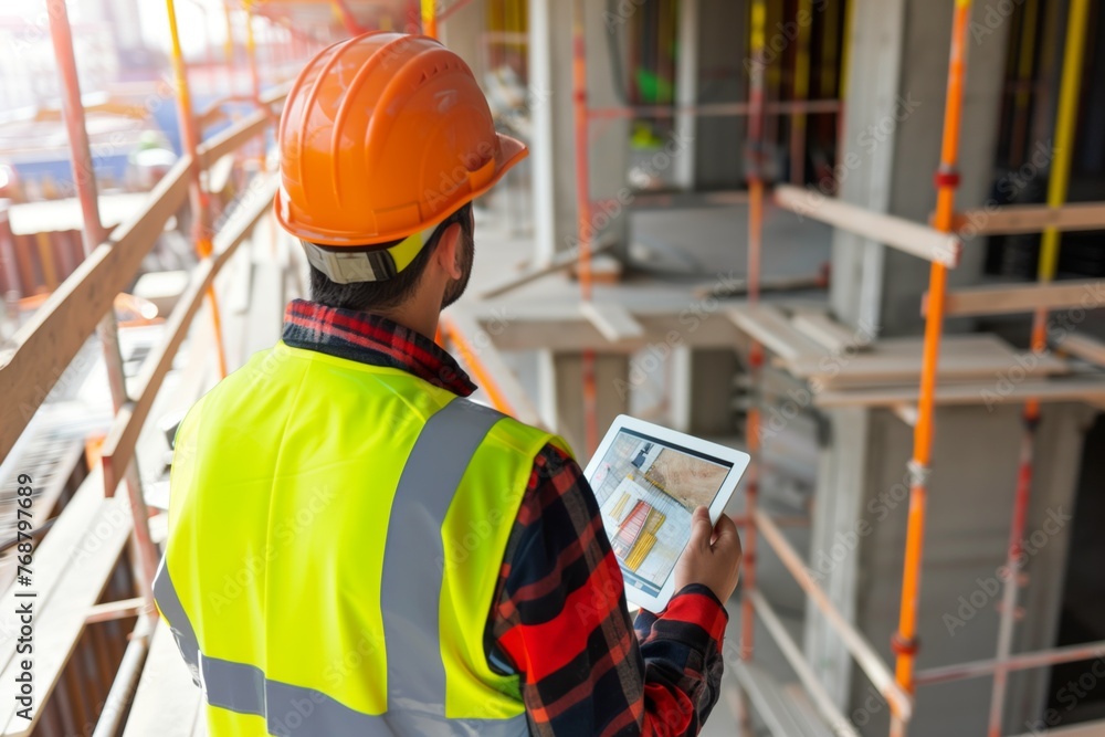 engineer with tablet checking the construction progress engineer with tablet checking the construction progress