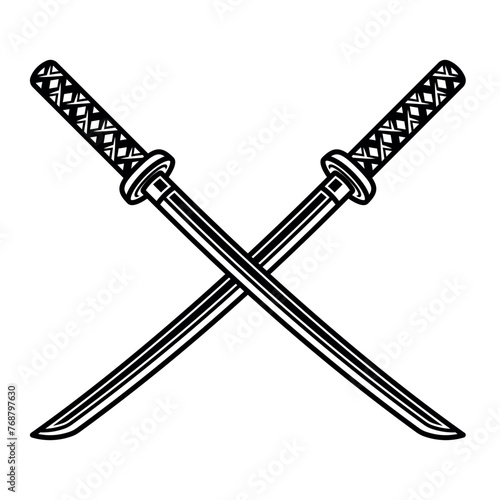 Katana two crossed swords vector object or element in vintage black style on white background