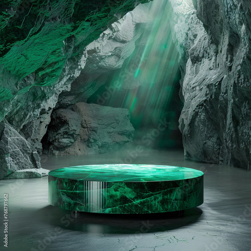 3d rendering podium with emerald cave concept. ai generative photo