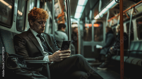 Redhair man using mobile phone while traveling with tram - Business person using public transportation for going to work - Models by AI generative