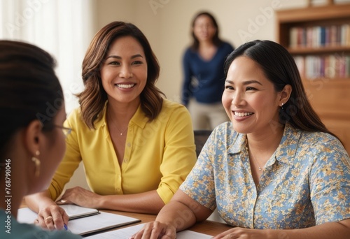 Professional women engaged in a business discussion at a meeting or seminar, illustrating leadership and corporate engagement. photo