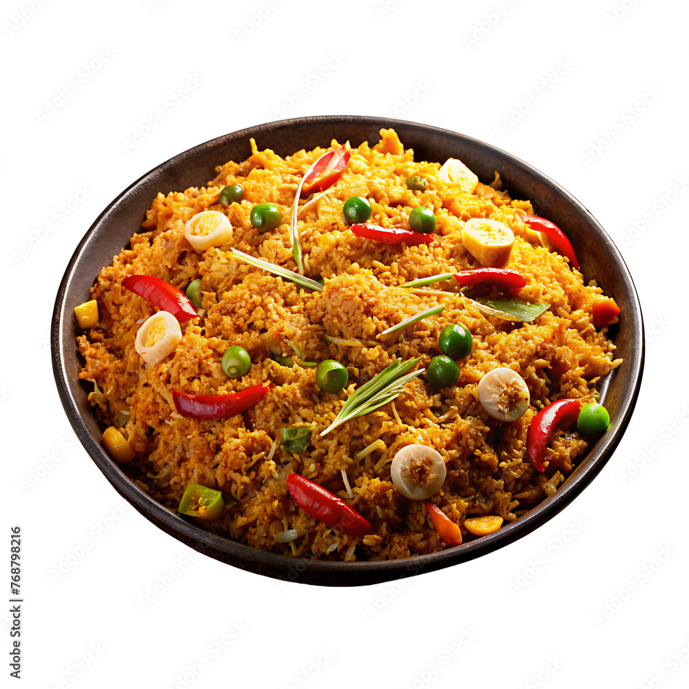 A plate of the national dish of Asian people Cheese kottu, is isolated on a transparent background. A plate of the national dish of Asian people Cheese kottu, is isolated on a transparent background.