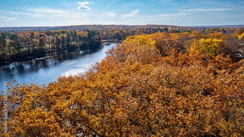 Aerial view of an autumnal scene of trees on the banks of a Cut River, in Michigan