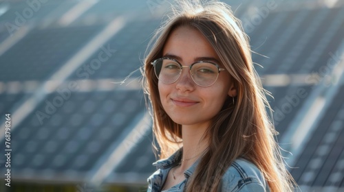 A girl looks at the camera, with solar panels in the background. Solar energy generation concept, future for children. Copyspace.
