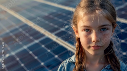 A young girl looks at the camera, with solar panels in the background. Solar energy generation concept, future for children. Copyspace.