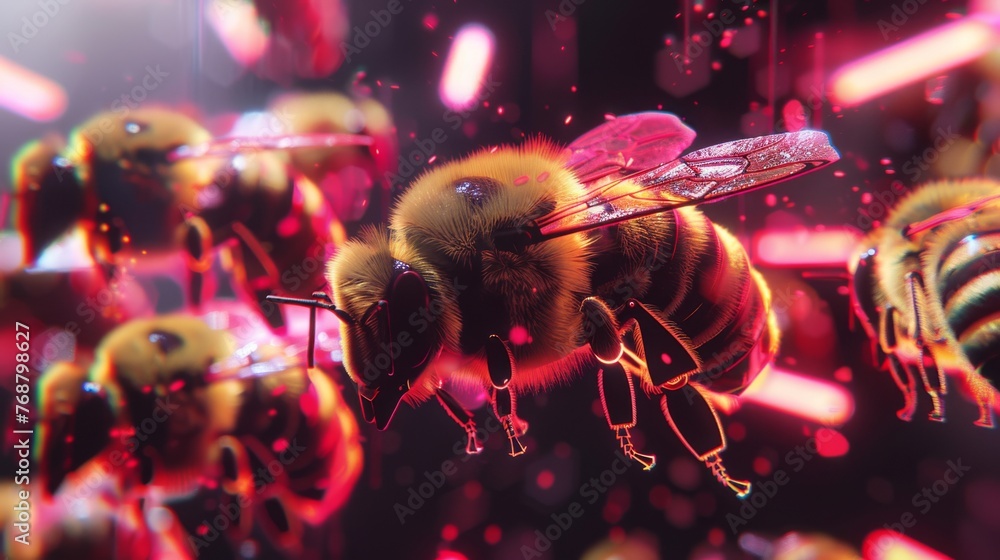 A swarm of honeybees glows with a warm aura, amidst abstract, crimson digital backdrops, conveying energy and dynamic movement in a virtual space. A swarm of honeybees glows with a warm aura, amidst abstract, crimson digital backdrops, conveying energy and dynamic movement in a virtual space.