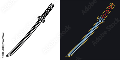 Katana sword vector object or element in two styles black on white and colored on dark background