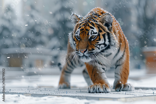 Majestic Winter Tiger Walking Through Snowy Landscape - Elegant Nature Banner