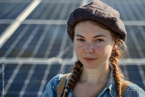A girl looks at the camera, with solar panels in the background. Solar energy generation concept, future for children. Copyspace.
