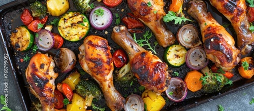 Barbecue chicken drumsticks and vegetables, cooked on a sheet pan. © Emin