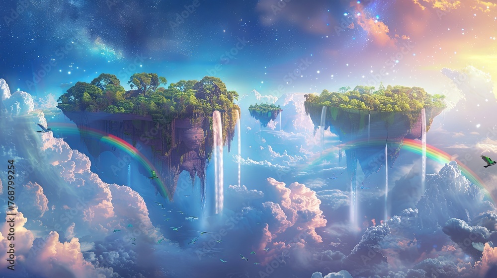Surreal artwork of floating islands with lush greenery, cascading ...