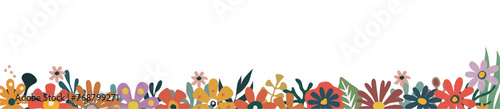 Horizontal banner  seamless border with gorgeous multicolored blooming abstract flowers and leaves. Spring botanical flat vector illustration isolated on transparent background. 