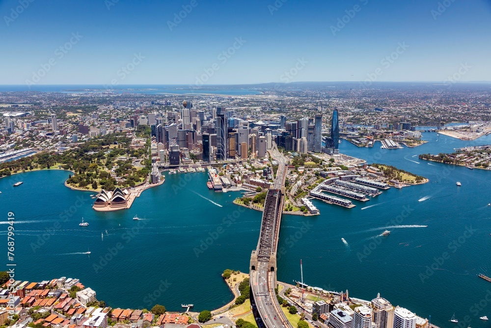 Fototapeta premium the sydney skyline taken from above the city, with the yarra bridge in the