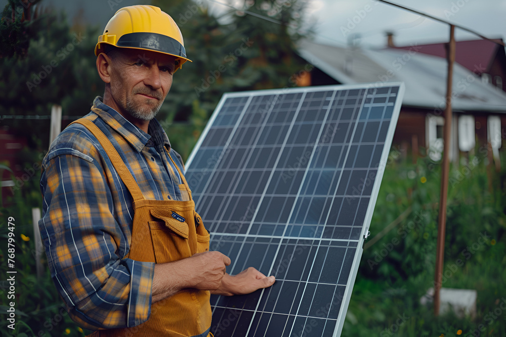 A male engineer stands near a solar panel that he is installing A male engineer stands near a solar panel that he is installing