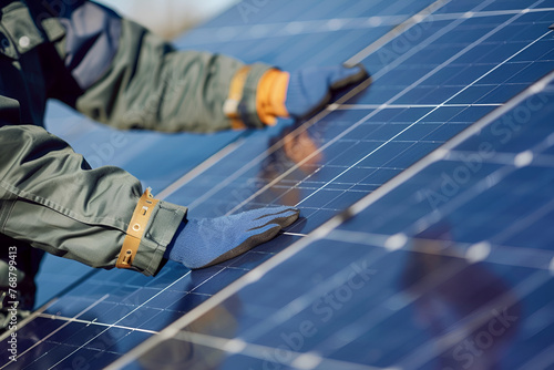 A technician man wearing work gloves installing an off-grid photovoltaic solar panel under a beautiful blue sky with clouds. Concept of alternative sustainability and sustainable resource conservation
