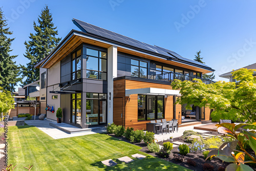 Modern two-story house, solar panels on the roof of the house, impeccable landscape design, comfort