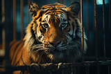 Majestic Captive Tiger Gazing Through Bars: A Call for Wild Freedom Banner