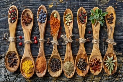 Aromatic Spices Symphony Top View of Various Spices in Wooden Spoons, Rustic Food Photography