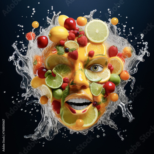 water splattered fruit face,lifestyle,satisfaction,wellness,abstract fantasy,concept illustration