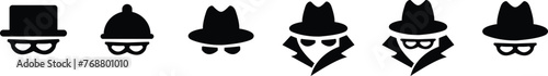 Agent icon set. Spy sunglasses Hat and glasses, Mystery man sign Robber, thief symbol. Hidden identity stranger person icons. Anonymous spy agent symbol, logo flat sign for mobile concept, web design.