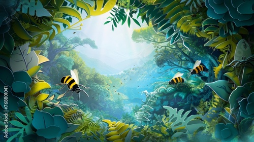 This artistic creation depicts bees flying in an enchanted forest, made from layered paper cut-outs, presenting a deep, lush world brimming with life and the magic of nature.