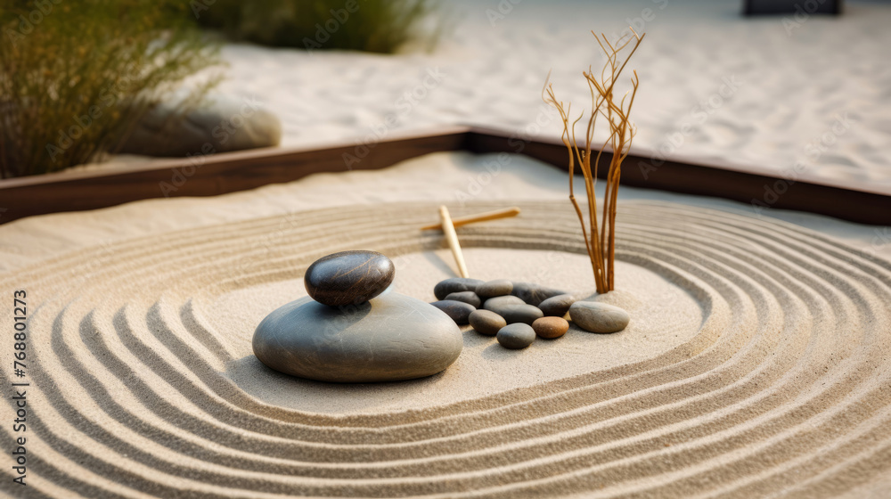 tranquil zen garden scene with sand and rocks, calm and serenity wellness