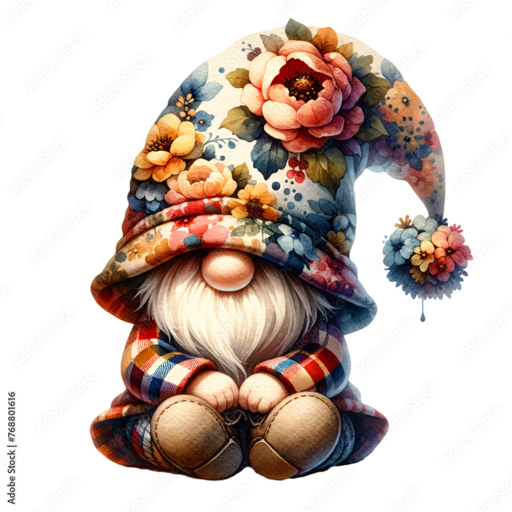 Naklejka premium Watercolor Floral gnome with a hat covering his face isolated and cut-out on white background Clipart