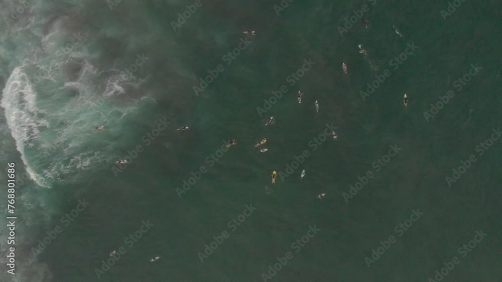 Aerial view of a group of surfers trying to catch waves in the ocean Aerial view of a group of surfers trying to catch waves in the ocean