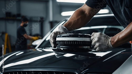 Professional auto detailer hand holding rotary polisher while polishing paint surface of shiny white car. photo