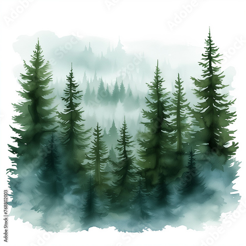 Beautiful nature watercolor picture of pine trees.