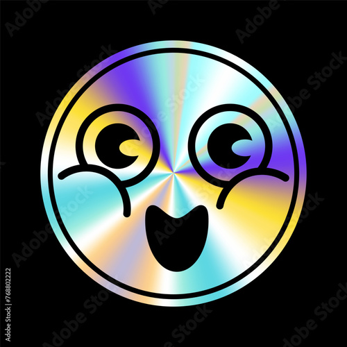 Holographic sticker with cartoon face in a trendy retro y2k style. Vector Graphic with textured foil effect. Emocion sticer photo