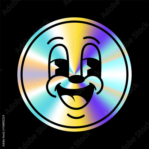 Holographic sticker with cartoon face in a trendy retro y2k style. Vector Graphic with textured foil effect. Emocion sticer